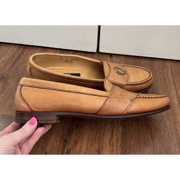 POLO RALPH LAUREN Men’s Vintage Camel Leather Embroidered Crest Loafers Sz 9.5D main image 8
